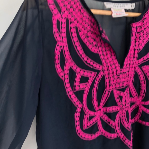 Gretchen Scott Designs Womens Blouse Size Medium Embroidered Sheer Blue Pink - Picture 4 of 12